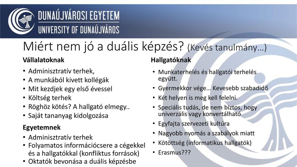 . Saját tananyag kidolgozása Egyetemnek Adminisztratív terhek Folyamatos információcsere a cégekkel és a hallgatókkal (konfliktus források) Oktatók bevonása a duális