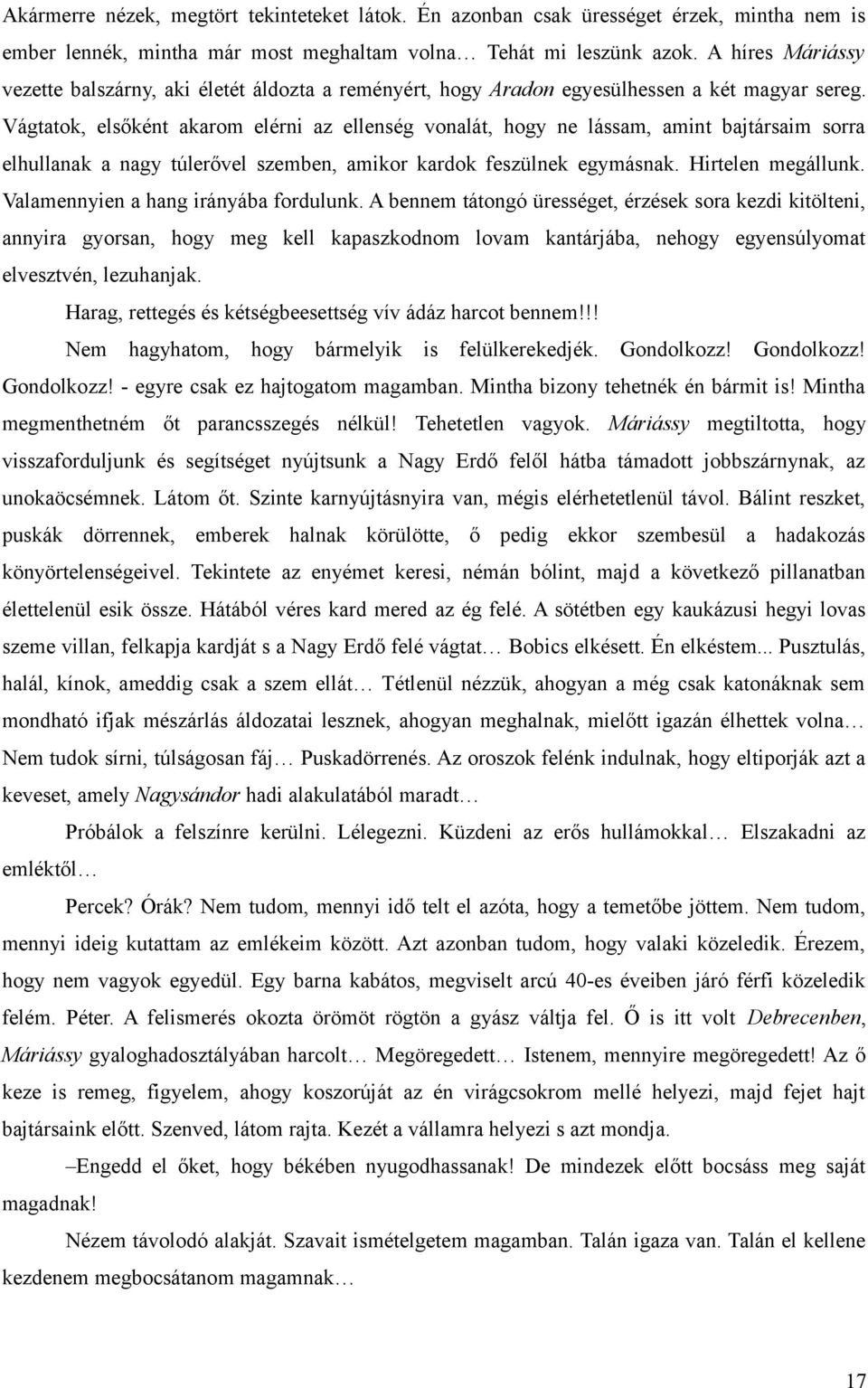 Vágtatok, elsőként akarom elérni az ellenség vonalát, hogy ne lássam, amint bajtársaim sorra elhullanak a nagy túlerővel szemben, amikor kardok feszülnek egymásnak. Hirtelen megállunk.