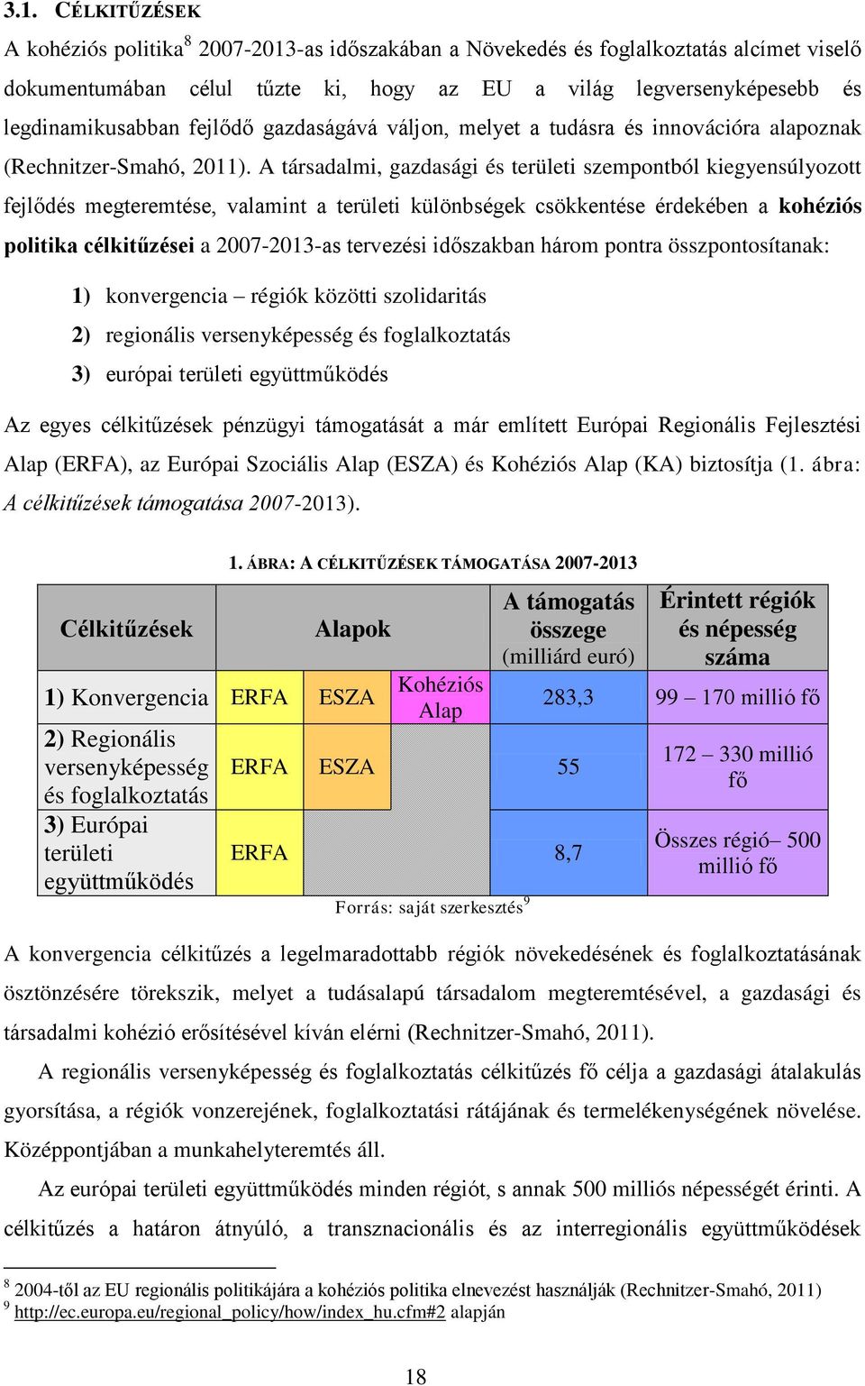 A társadalmi, gazdasági és területi szempontból kiegyensúlyozott fejlődés megteremtése, valamint a területi különbségek csökkentése érdekében a kohéziós politika célkitűzései a 2007-2013-as tervezési