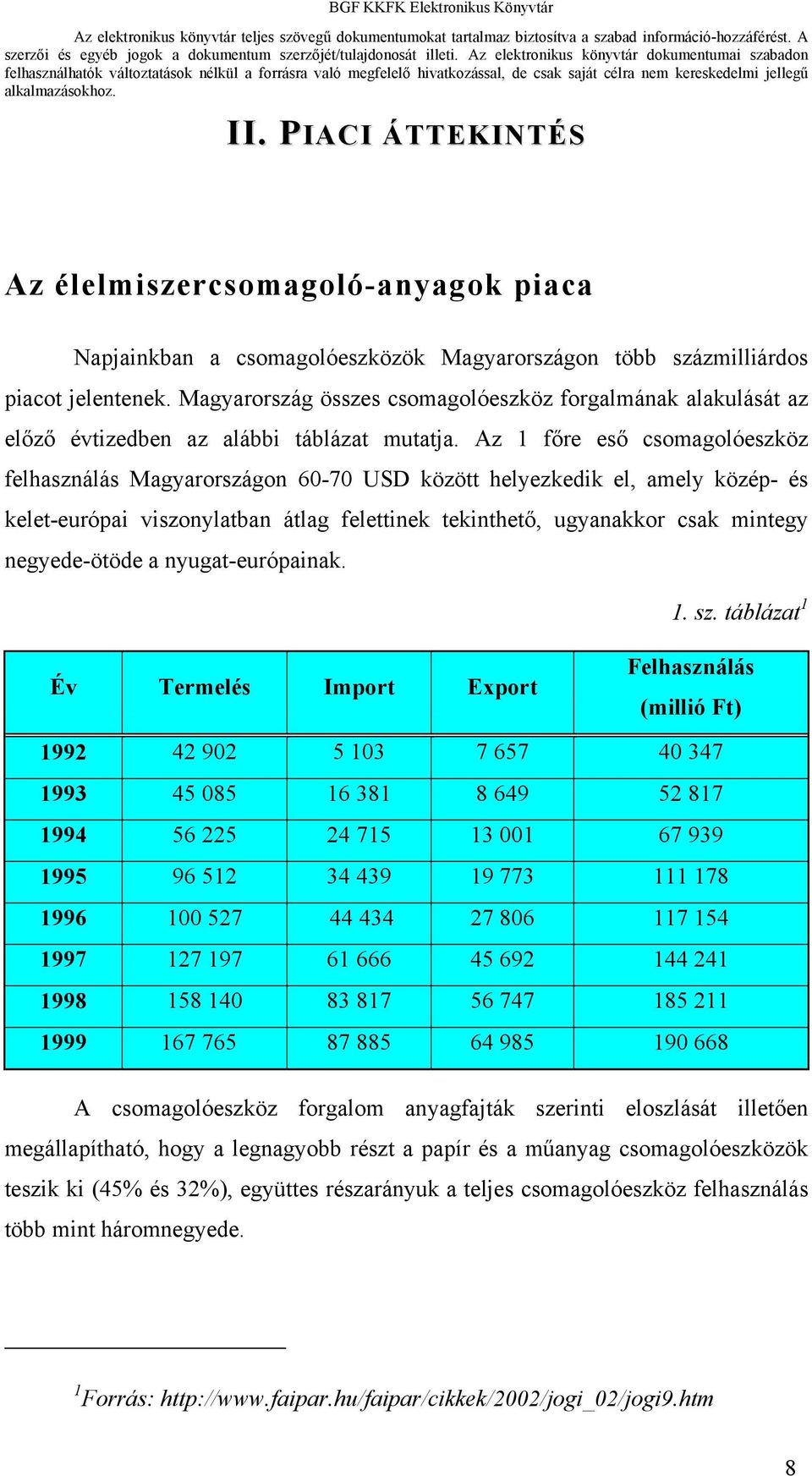 Az 1 főre eső csomagolóeszköz felhasználás Magyarországon 60-70 USD között helyezkedik el, amely közép- és kelet-európai viszonylatban átlag felettinek tekinthető, ugyanakkor csak mintegy