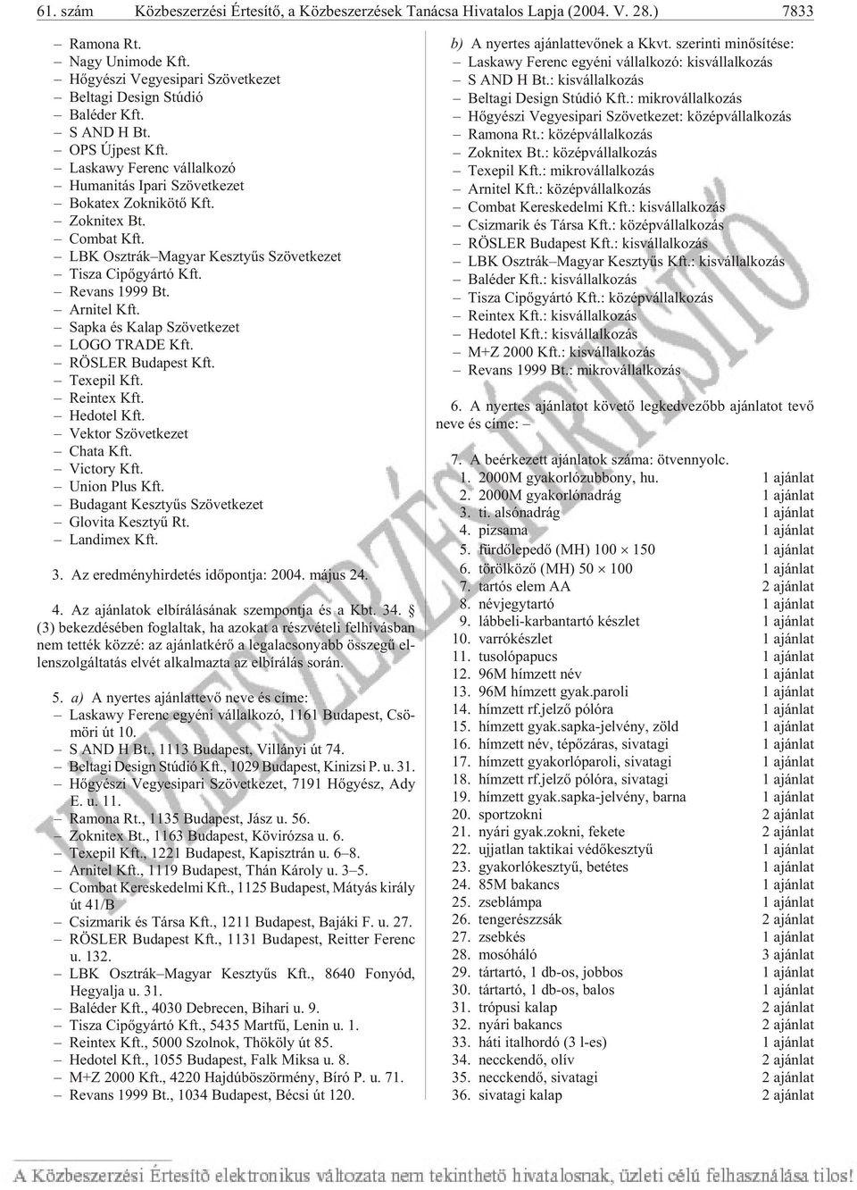 Revans 1999 Bt. Arnitel Kft. Sapka és Kalap Szövetkezet LOGO TRADE Kft. RÖSLER Bu da pest Kft. Texepil Kft. Reintex Kft. Hedotel Kft. Vek tor Szö vet ke zet Chata Kft. Victory Kft. Union Plus Kft.