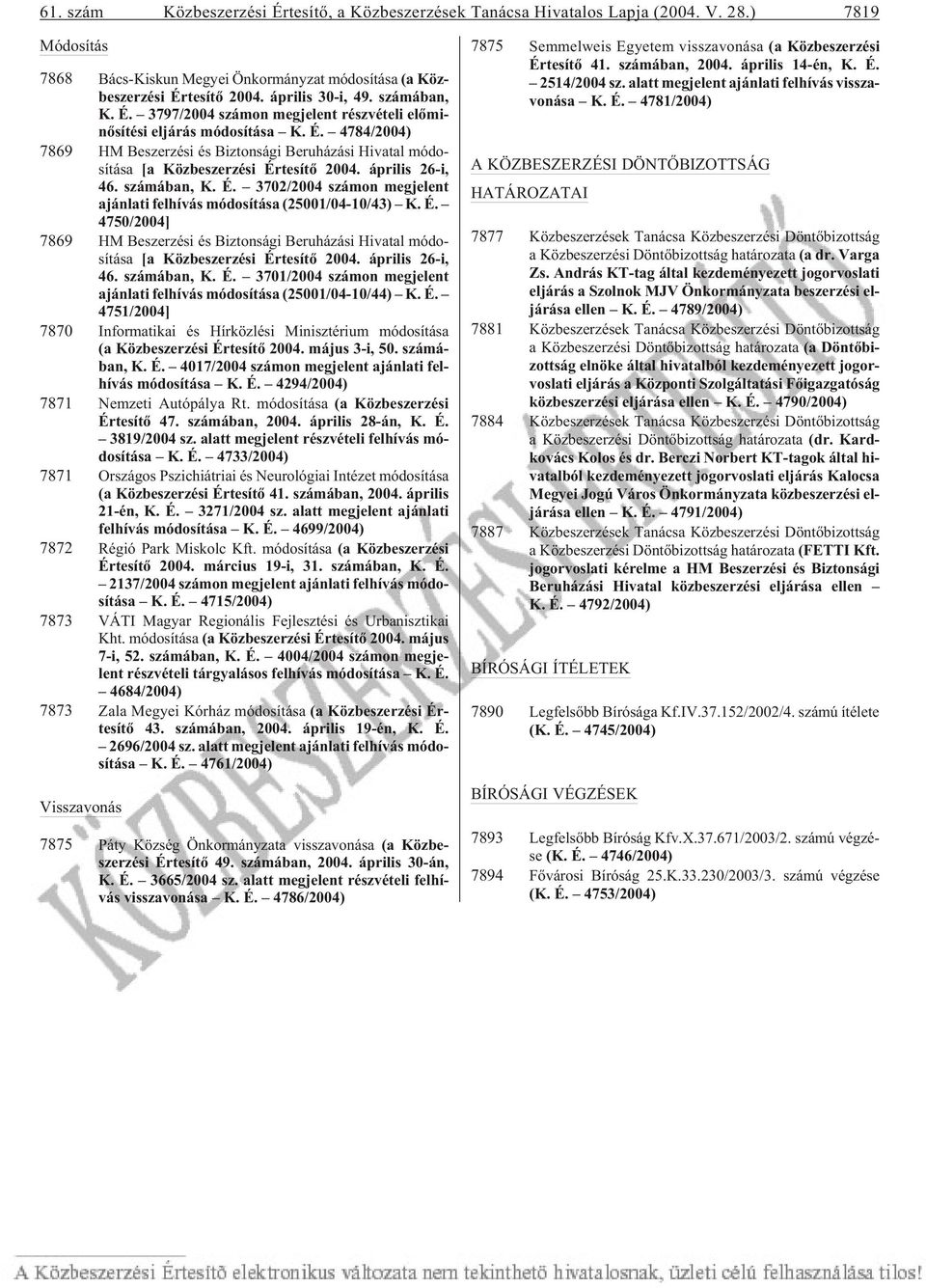 É. 4784/2004) 7869 HM Be szer zé si és Biz ton sá gi Be ru há zá si Hi va tal mó do - sí tá sa [a Köz be szer zé si Ér