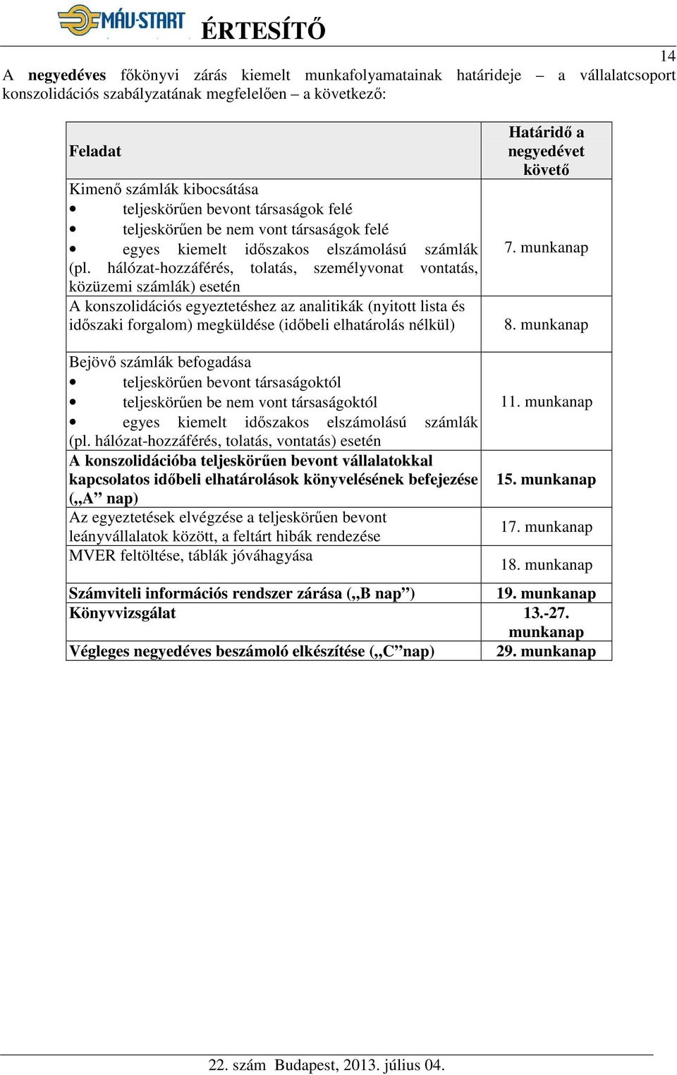 hálózat-hozzáférés, tolatás, személyvonat vontatás, közüzemi számlák) esetén A konszolidációs egyeztetéshez az analitikák (nyitott lista és időszaki forgalom) megküldése (időbeli elhatárolás nélkül)