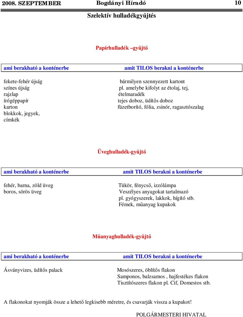amelybe kifolyt az étolaj, tej, ételmaradék tejes doboz, üdít s doboz füzetborító, fólia, zsinór, ragasztószalag Üveghulladék-gy jt ami berakható a konténerbe fehér, barna, zöld üveg boros, sörös