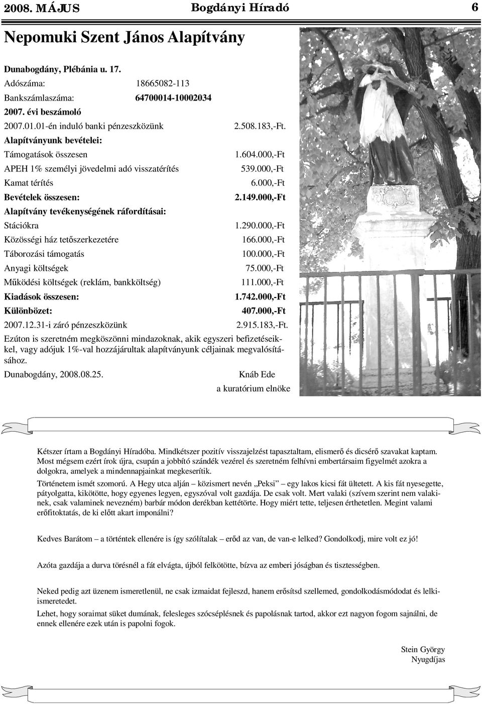 000,-Ft Bevételek összesen: Alapítvány tevékenységének ráfordításai: Stációkra 2.149.000,-Ft 1.290.000,-Ft Közösségi ház tet szerkezetére 166.000,-Ft Táborozási támogatás 100.