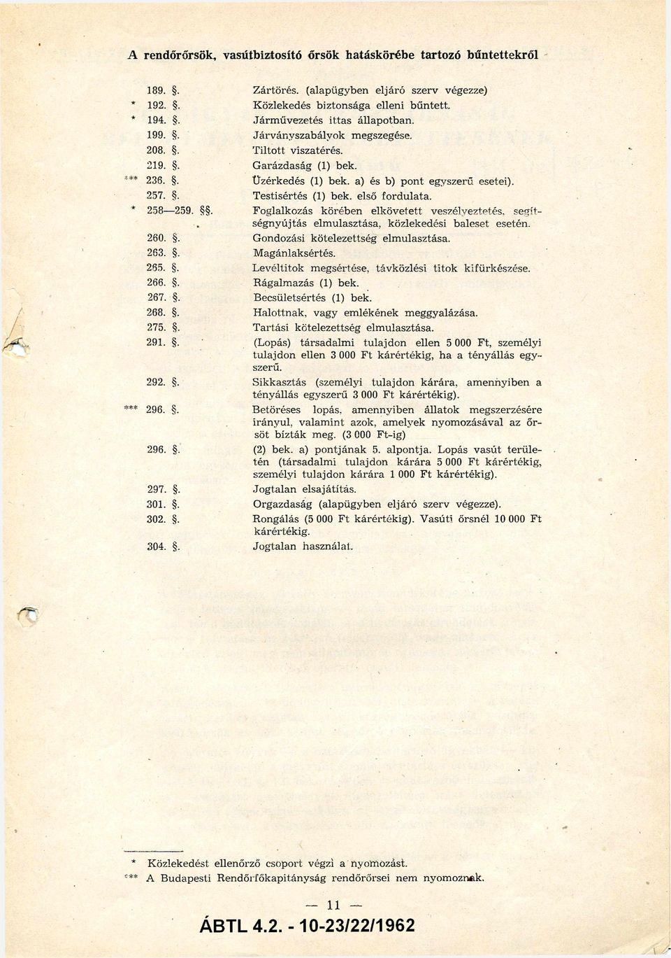 257.. T estisértés (1) bek. első fo rd u la ta. * 258 259.. F oglalkozás körében e lk ö v e te tt veszélyeztetés, segít ségnyújtás elm ulasztása, közlekedési baleset esetén. 260.