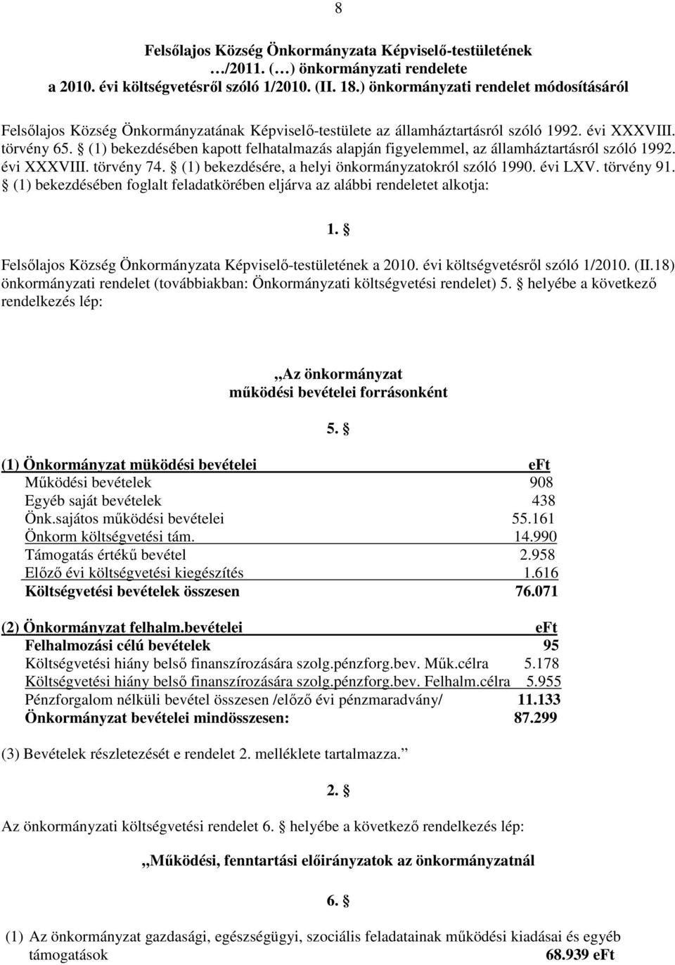 (1) bekezdésében kapott felhatalmazás alapján figyelemmel, az államháztartásról szóló 1992. évi XXXVIII. törvény 74. (1) bekezdésére, a helyi önkormányzatokról szóló 1990. évi LXV. törvény 91.