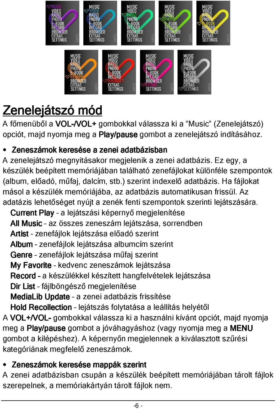 Ez egy, a készülék beépített memóriájában található zenefájlokat különféle szempontok (album, előadó, műfaj, dalcím, stb.) szerint indexelő adatbázis.