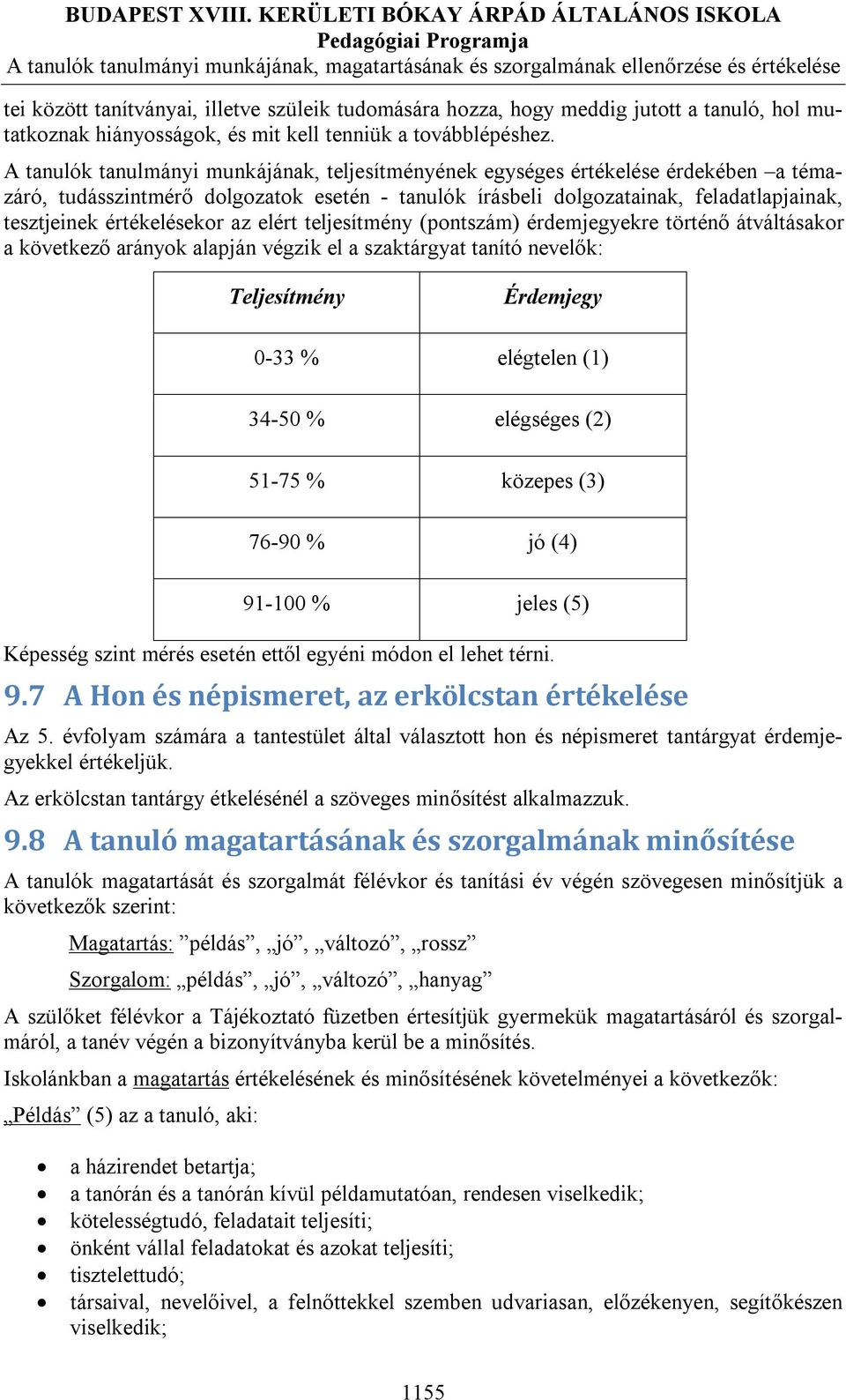 értékelésekor az elért teljesítmény (pontszám) érdemjegyekre történő átváltásakor a következő arányok alapján végzik el a szaktárgyat tanító nevelők: Teljesítmény Érdemjegy 0-33 % elégtelen (1) 34-50