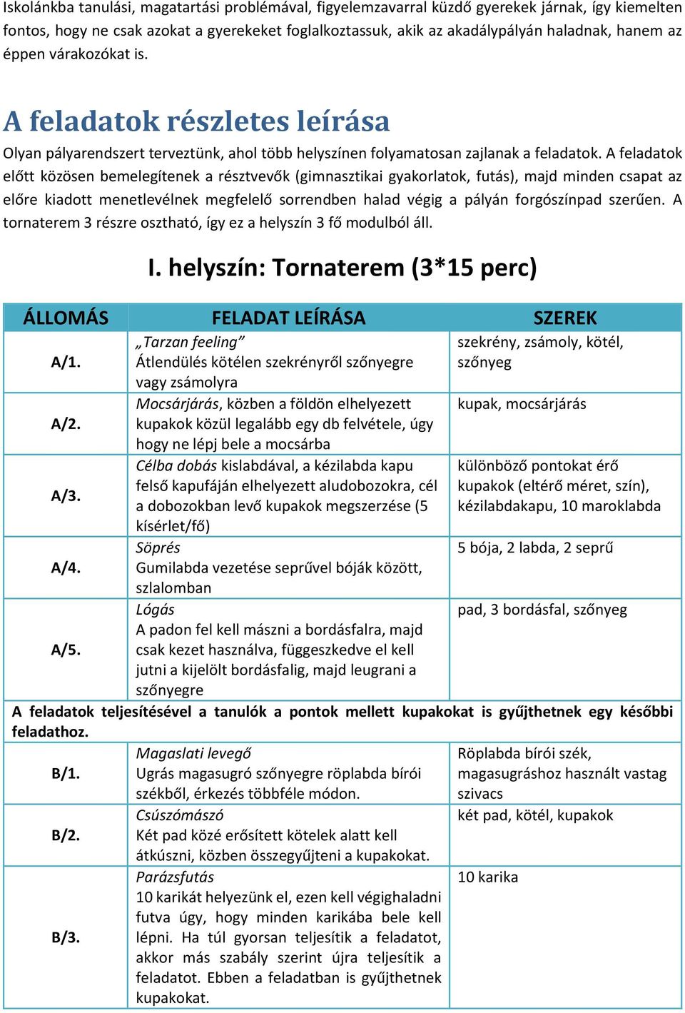 A feladatok előtt közösen bemelegítenek a résztvevők (gimnasztikai gyakorlatok, futás), majd minden csapat az előre kiadott menetlevélnek megfelelő sorrendben halad végig a pályán forgószínpad