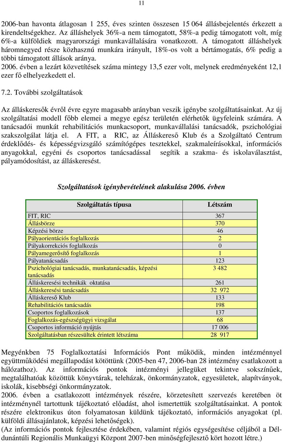 A támogatott álláshelyek háromnegyed része közhasznú munkára irányult, 18%-os volt a bértámogatás, 6% pedig a többi támogatott állások aránya. 2006.
