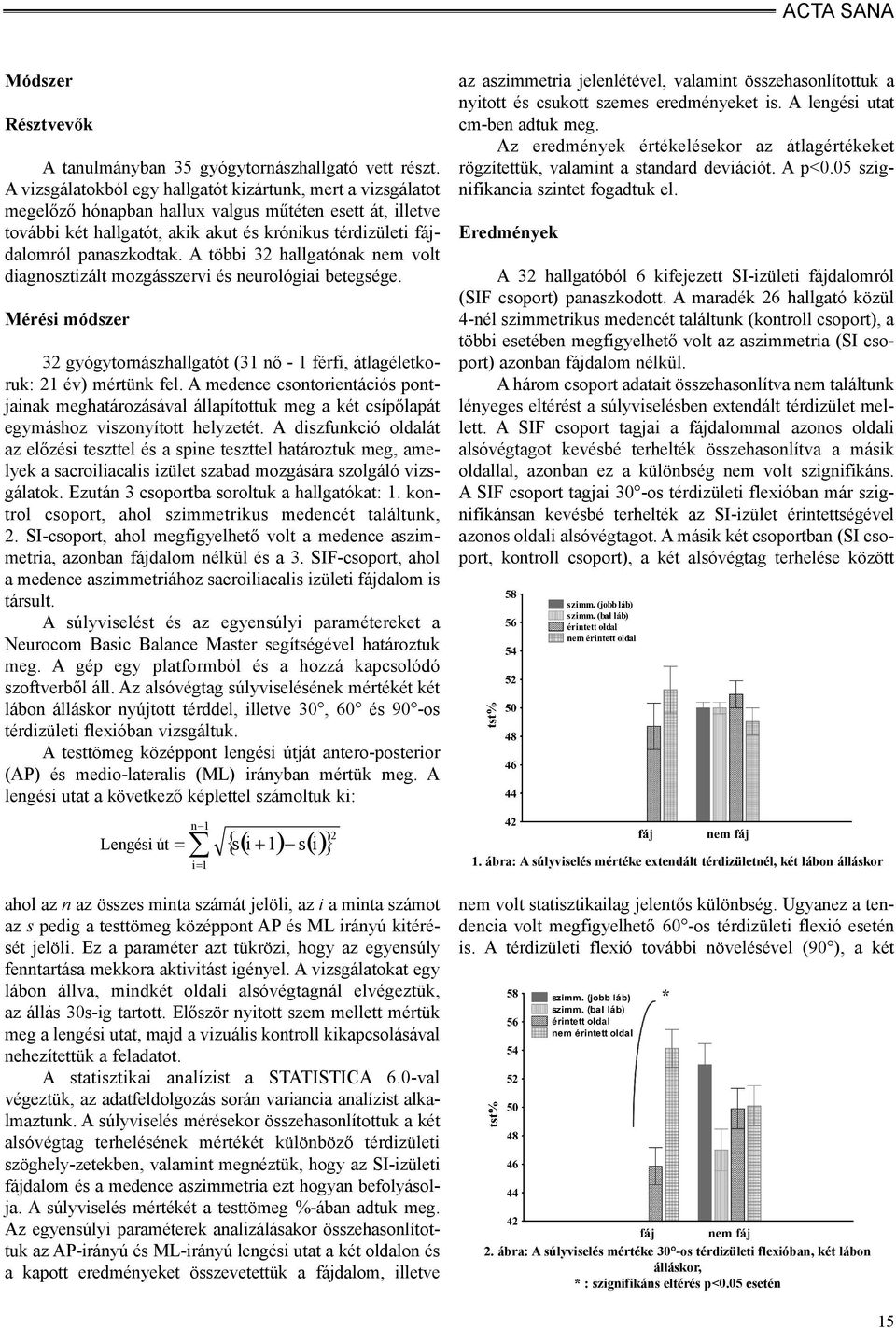 panaszkodtak. A többi 32 hallgatónak nem volt diagnosztizált mozgásszervi és neurológiai betegsége. Mérési módszer 32 gyógytornászhallgatót (31 nõ - 1 férfi, átlagéletkoruk: 21 év) mértünk fel.