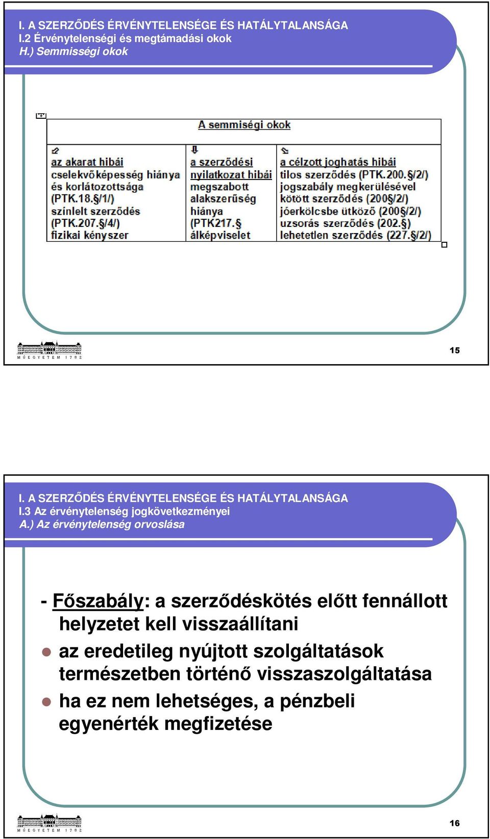 ) Az érvénytelenség orvoslása - Főszabály: a szerződéskötés előtt fennállott helyzetet kell visszaállítani az