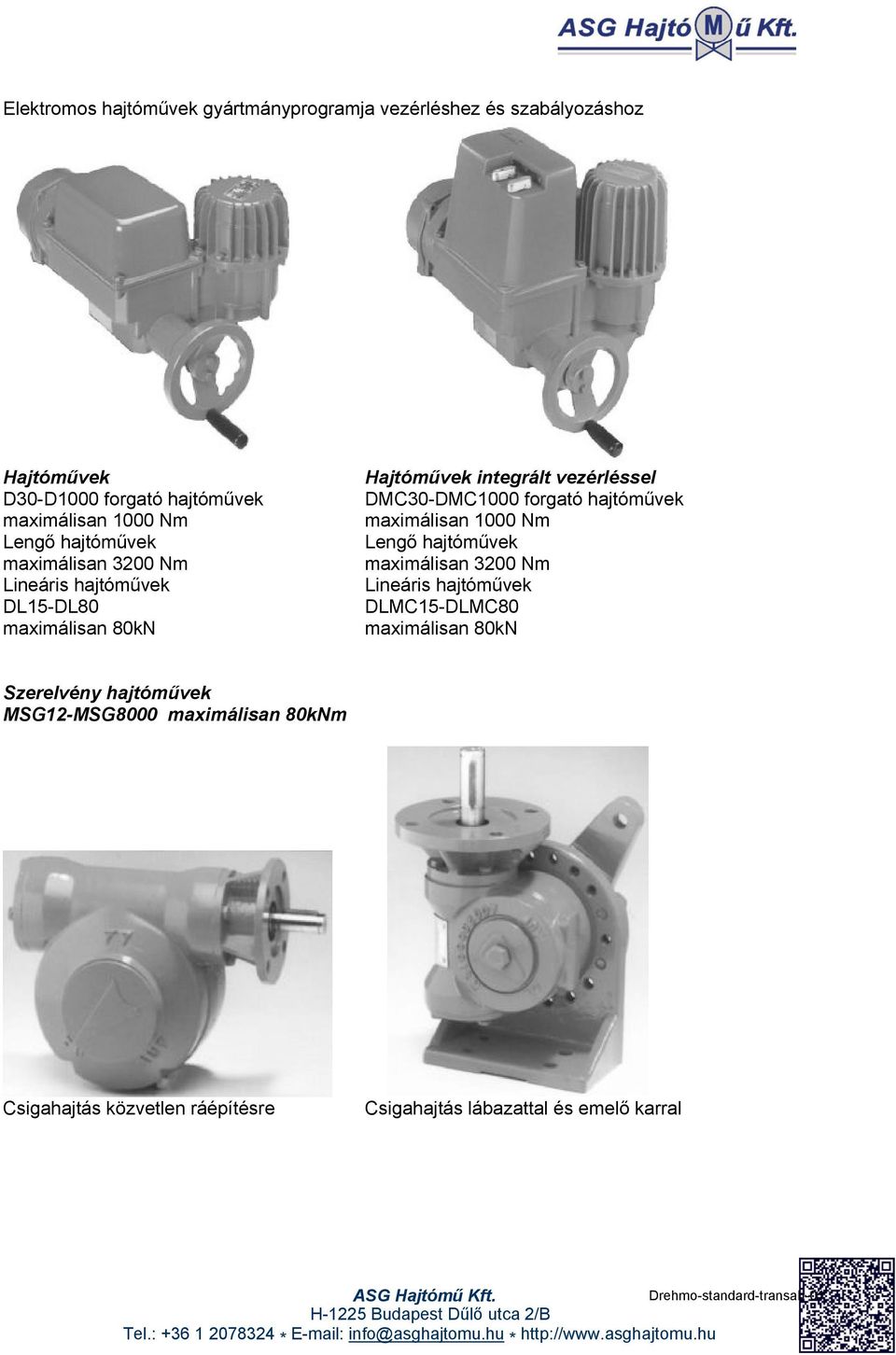 forgató hajtóművek maximálisan 1000 Nm Lengő hajtóművek maximálisan 3200 Nm Lineáris hajtóművek DLMC15-DLMC80 maximálisan 80kN