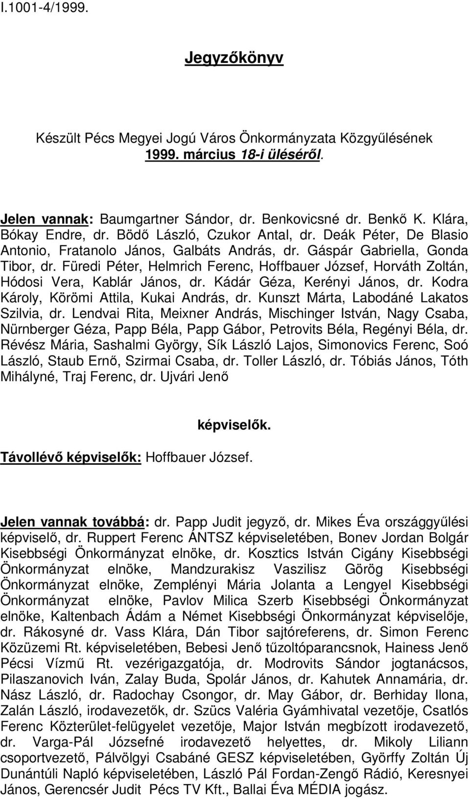 Füredi Péter, Helmrich Ferenc, Hoffbauer József, Horváth Zoltán, Hódosi Vera, Kablár János, dr. Kádár Géza, Kerényi János, dr. Kodra Károly, Körömi Attila, Kukai András, dr.