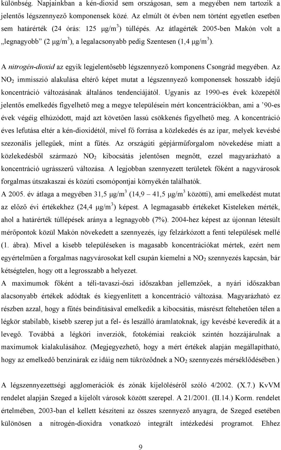 Az átlagérték 2005-ben Makón volt a legnagyobb (2 μg/m 3 ), a legalacsonyabb pedig Szentesen (1,4 μg/m 3 ). A nitrogén-dioxid az egyik legjelentősebb légszennyező komponens Csongrád megyében.