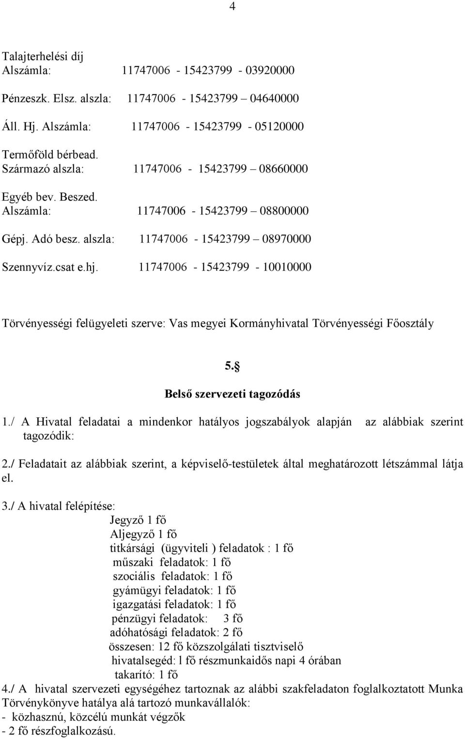 11747006-15423799 - 10010000 Törvényességi felügyeleti szerve: Vas megyei Kormányhivatal Törvényességi Főosztály 5. Belső szervezeti tagozódás 1.