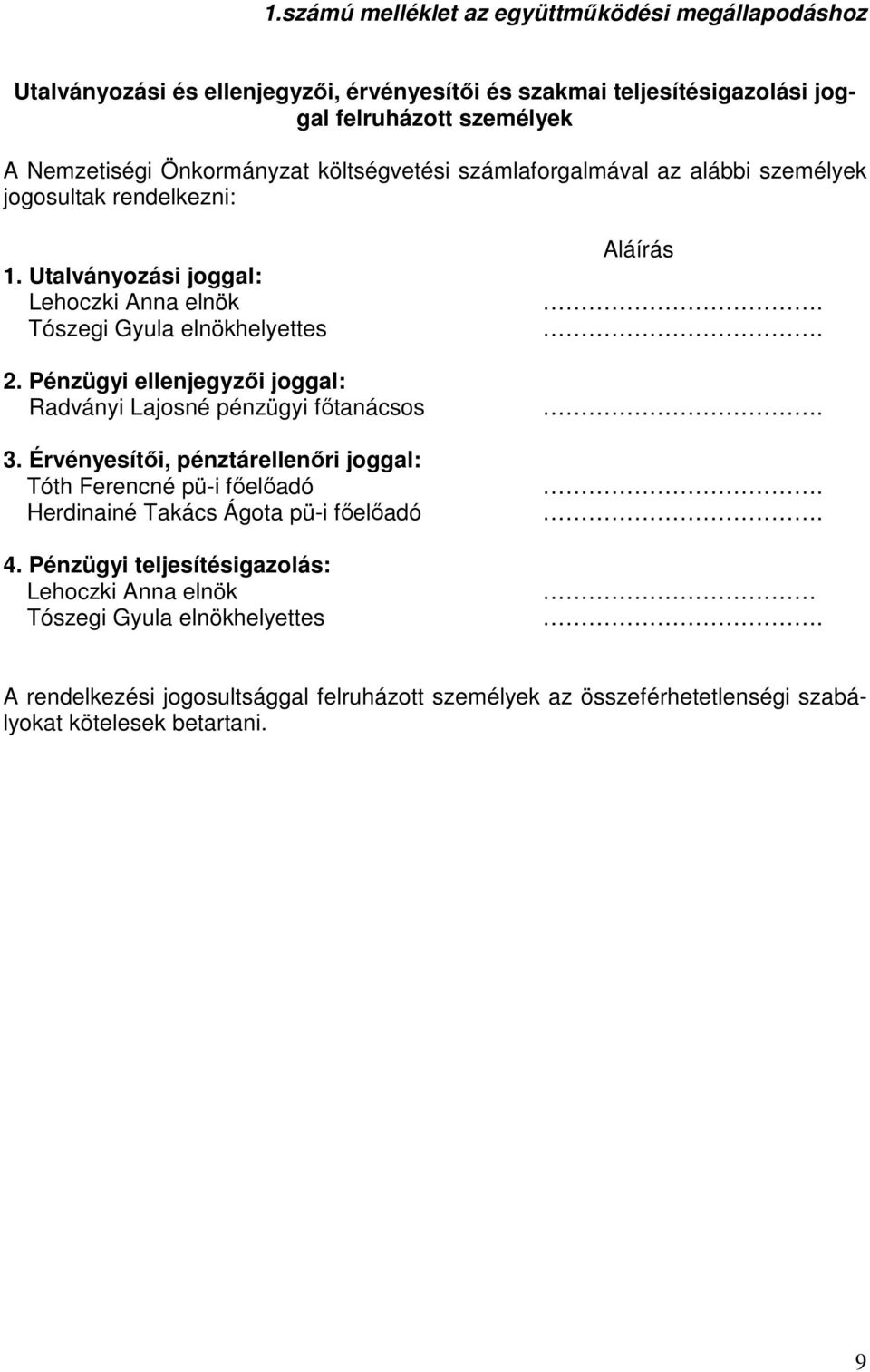 Pénzügyi ellenjegyzői joggal: Radványi Lajosné pénzügyi főtanácsos 3. Érvényesítői, pénztárellenőri joggal: Tóth Ferencné pü-i főelőadó Herdinainé Takács Ágota pü-i főelőadó 4.