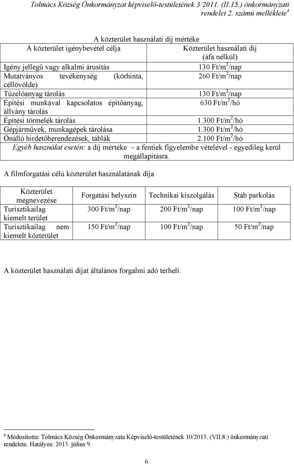 tevékenység (körhinta, 260 Ft/m 2 /nap céllövölde) Tüzelőanyag tárolás 130 Ft/m 2 /nap Építési munkával kapcsolatos építőanyag, 630 Ft/m 2 /hó állvány tárolás Építési törmelék tárolás 1.