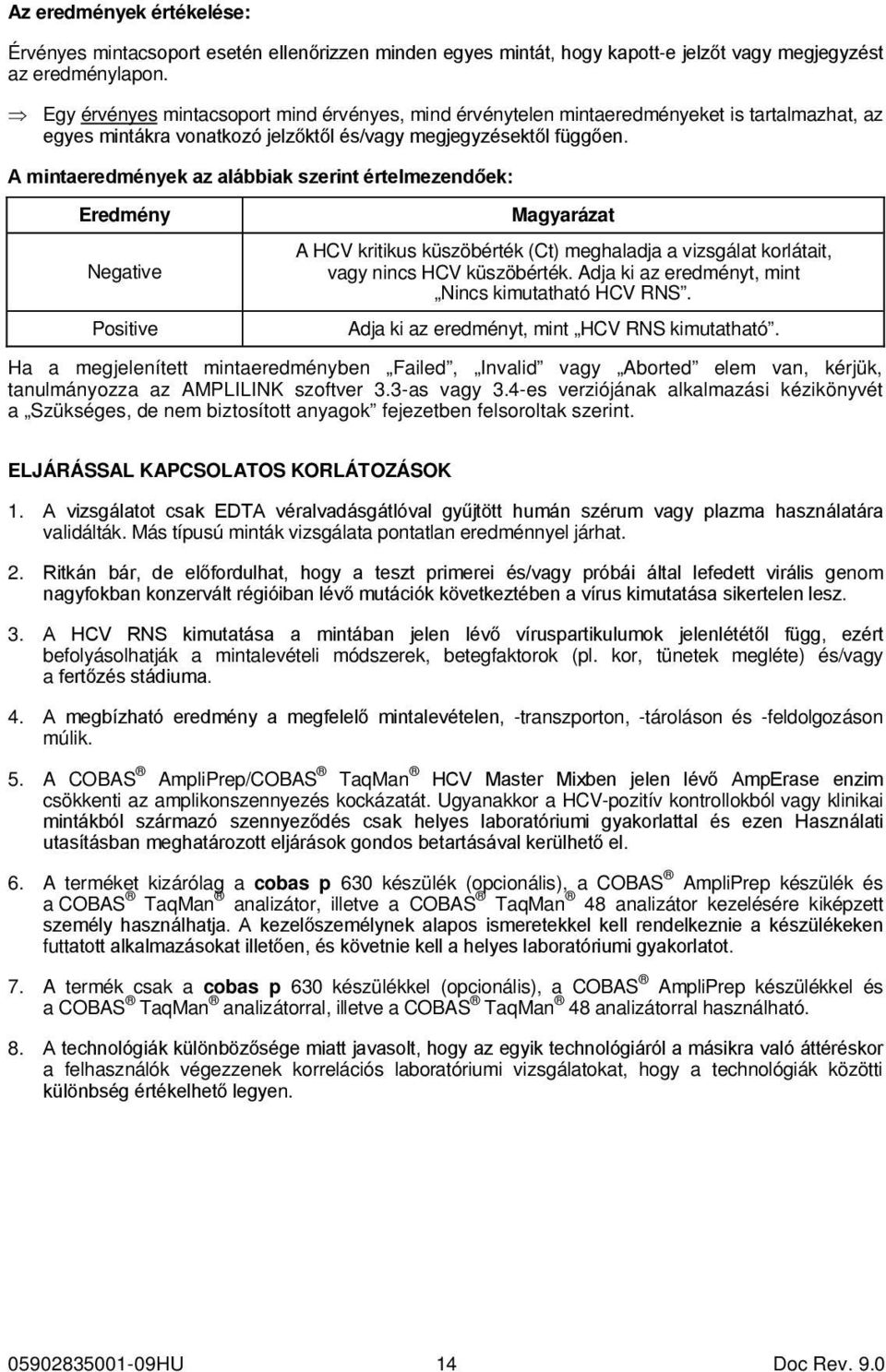 A mintaeredmények az alábbiak szerint értelmezendőek: Eredmény Negative Positive Magyarázat A HCV kritikus küszöbérték (Ct) meghaladja a vizsgálat korlátait, vagy nincs HCV küszöbérték.