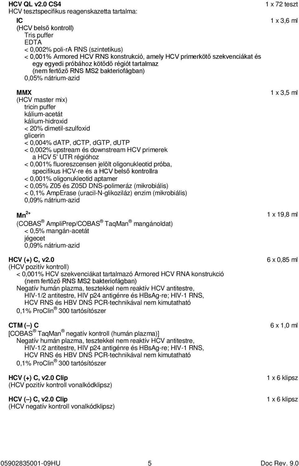 primerkötő szekvenciákat és egy egyedi próbához kötődő régiót tartalmaz (nem fertőző RNS MS2 bakteriofágban) 0,05% nátrium-azid MMX (HCV master mix) tricin puffer kálium-acetát kálium-hidroxid < 20%