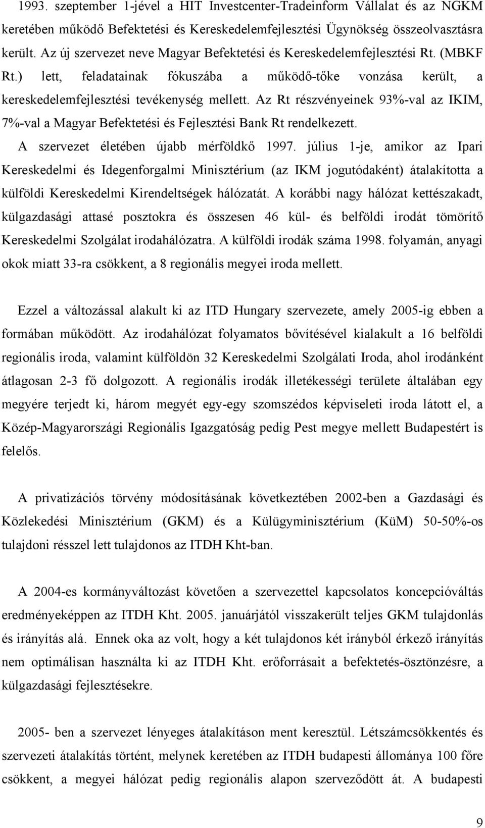 Az Rt részvényeinek 93%-val az IKIM, 7%-val a Magyar Befektetési és Fejlesztési Bank Rt rendelkezett. A szervezet életében újabb mérföldkő 1997.