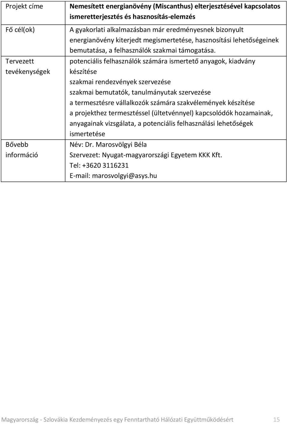 potenciális felhasználók számára ismertető anyagok, kiadvány készítése szakmai rendezvények szervezése szakmai bemutatók, tanulmányutak szervezése a termesztésre vállalkozók számára szakvélemények