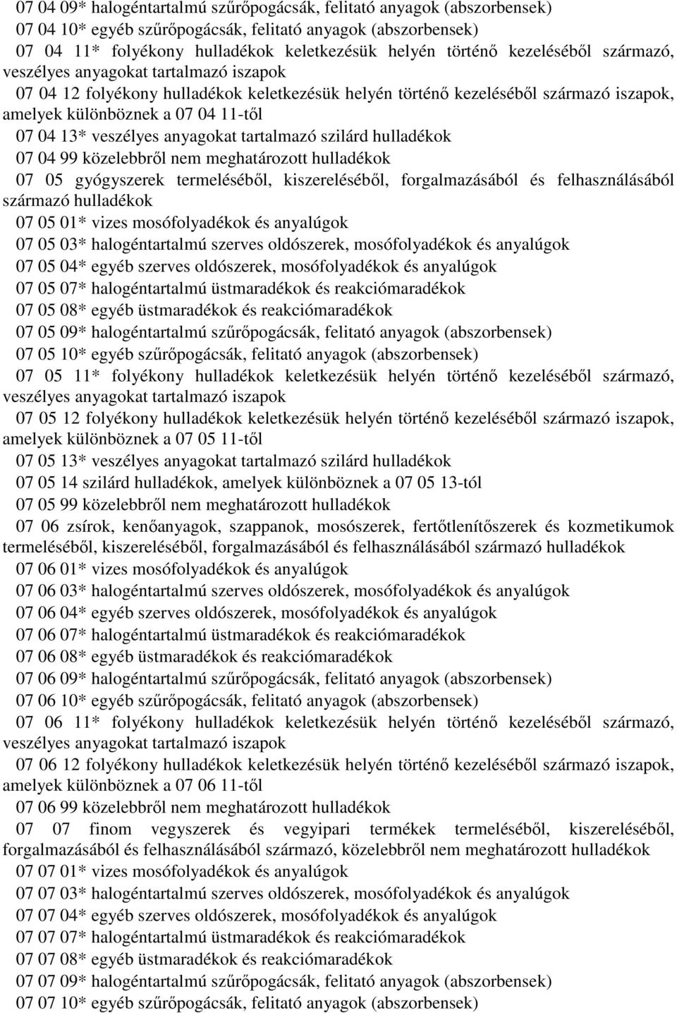 veszélyes anyagokat tartalmazó szilárd hulladékok 07 04 99 közelebbről nem meghatározott hulladékok 07 05 gyógyszerek termeléséből, kiszereléséből, forgalmazásából és felhasználásából származó