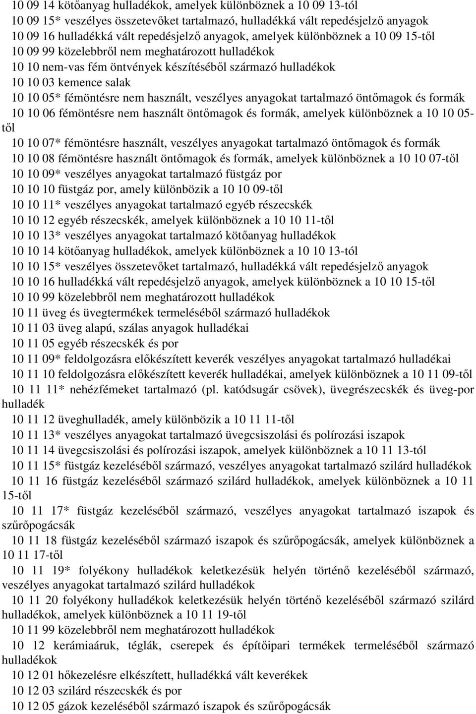 használt, veszélyes anyagokat tartalmazó öntőmagok és formák 10 10 06 fémöntésre nem használt öntőmagok és formák, amelyek különböznek a 10 10 05- től 10 10 07* fémöntésre használt, veszélyes