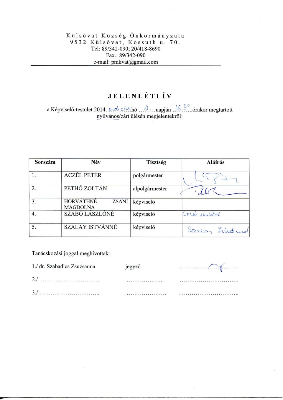 ..6rakor megtartott nyilvanoj/zart iilesen megjelentekrol: Sorszam Nev Tisztseg Alafras 1. 2.