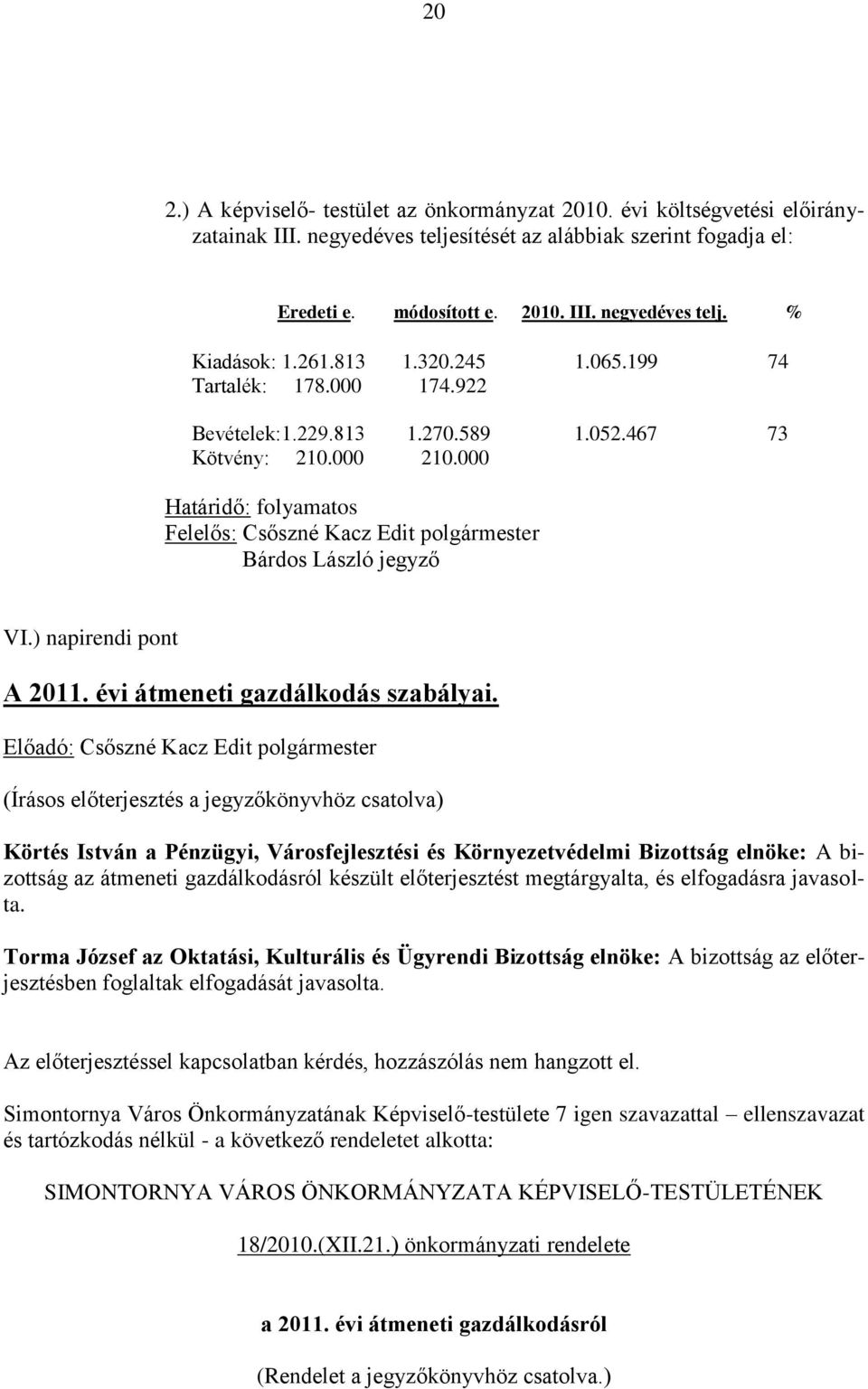 000 Határidő: folyamatos Felelős: Csőszné Kacz Edit polgármester Bárdos László jegyző VI.) napirendi pont A 2011. évi átmeneti gazdálkodás szabályai.