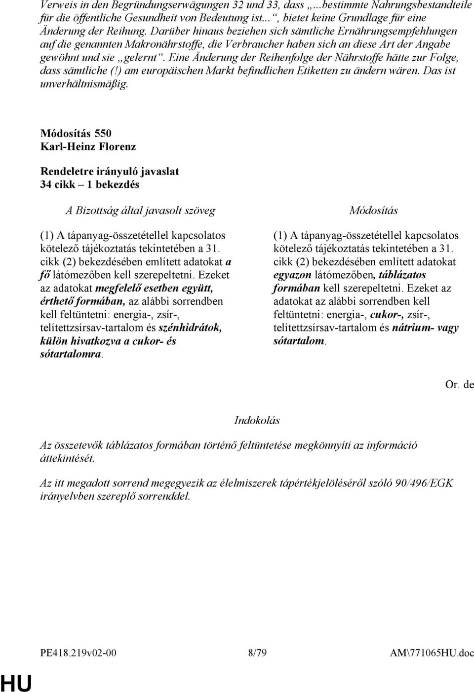 Eine Änderung der Reihenfolge der Nährstoffe hätte zur Folge, dass sämtliche (!) am europäischen Markt befindlichen Etiketten zu ändern wären. Das ist unverhältnismäßig.