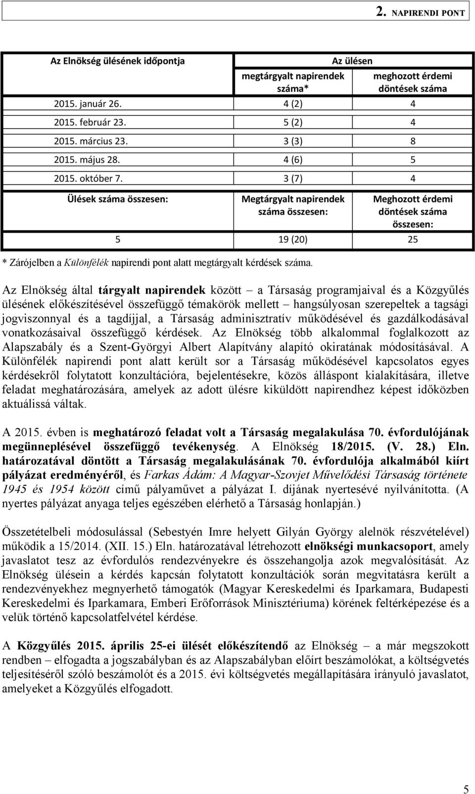 Az Elnökség által tárgyalt napirendek között a Társaság programjaival és a Közgyűlés ülésének előkészítésével összefüggő témakörök mellett hangsúlyosan szerepeltek a tagsági jogviszonnyal és a