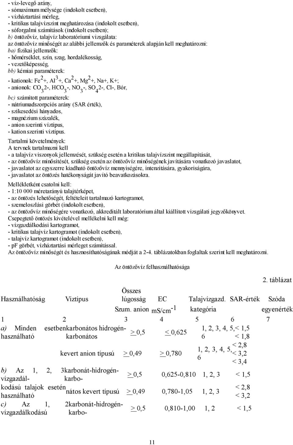 vezetőképesség, bb) kémiai paraméterek: - kationok: Fe 2 +, Al 3 +, Ca 2 +, Mg 2 +, Na+, K+; - anionok: CO 3 2-, HCO 3 -, NO 3 -, SO 4 2-, Cl-, Bór, bc) számított paraméterek: - nátriumadszorpciós