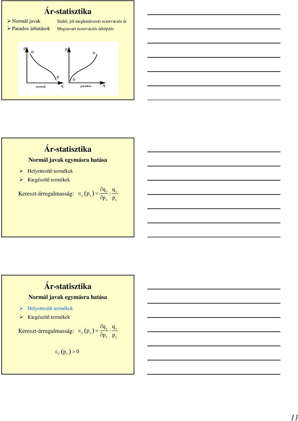 Helettesítő termékek Kiegészítő termékek Kereszt-árrugalmasság: ε ( ) = p : p p Ár-statisztika