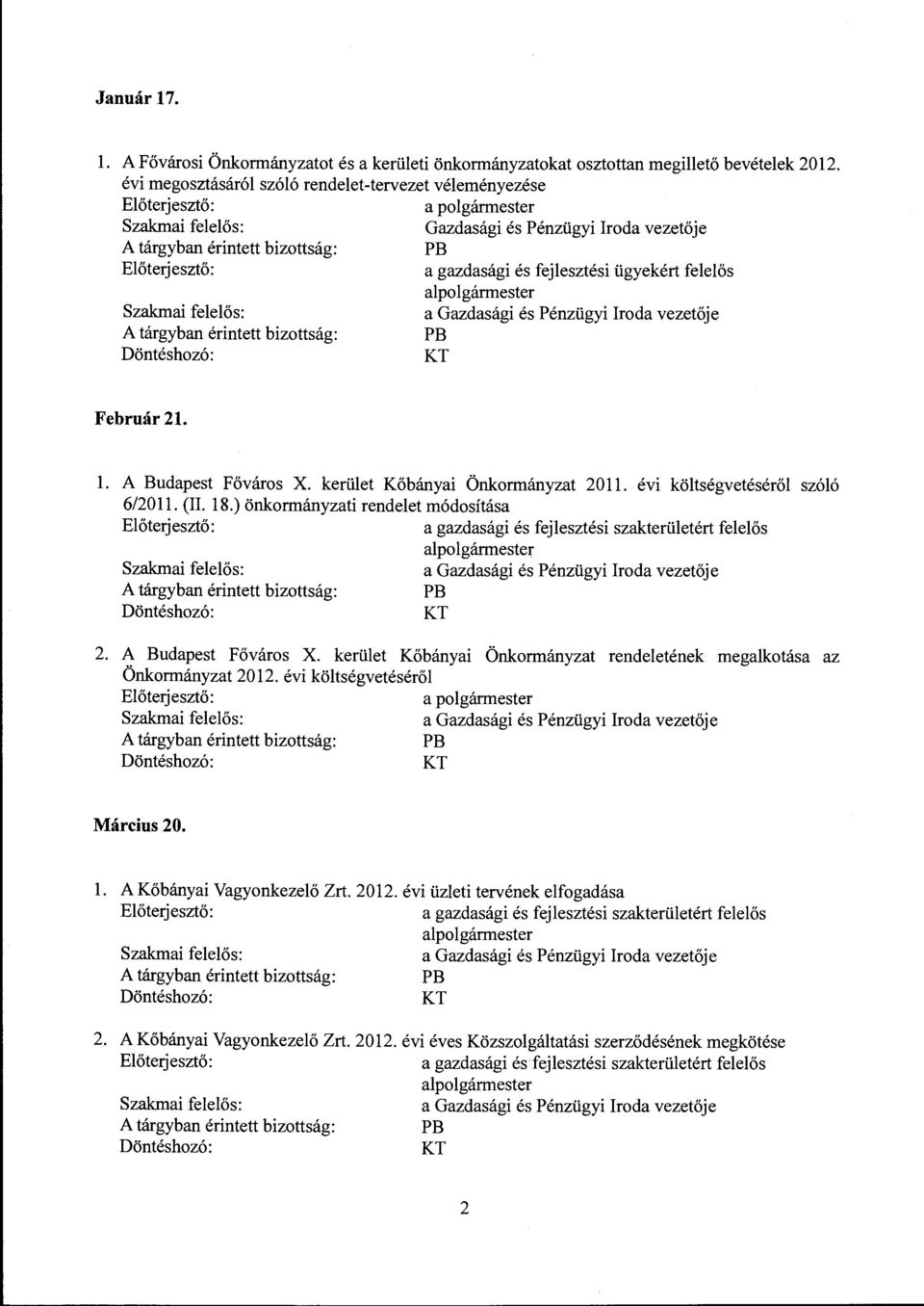 kerület Kőbányai Önkormányzat 2011. évi költségvetéséről szóló 6/2011. (IL 18.) önkormányzati rendelet módosítása PB 2. A Budapest Főváros X.