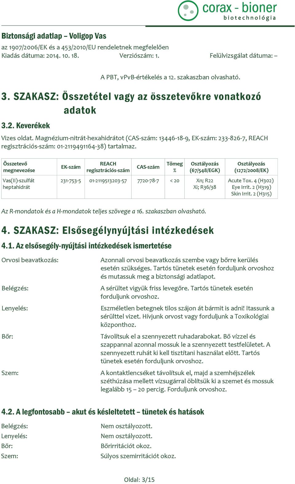 Összetevő megnevezése EK-szám REACH regisztrációs-szám CAS-szám Tömeg % Osztályozás (67/548/EGK) Osztályozás (1272/2008/EK) Vas(II)-szulfát heptahidrát 231-753-5 01-2119513203-57 7720-78-7 < 20 Xn;