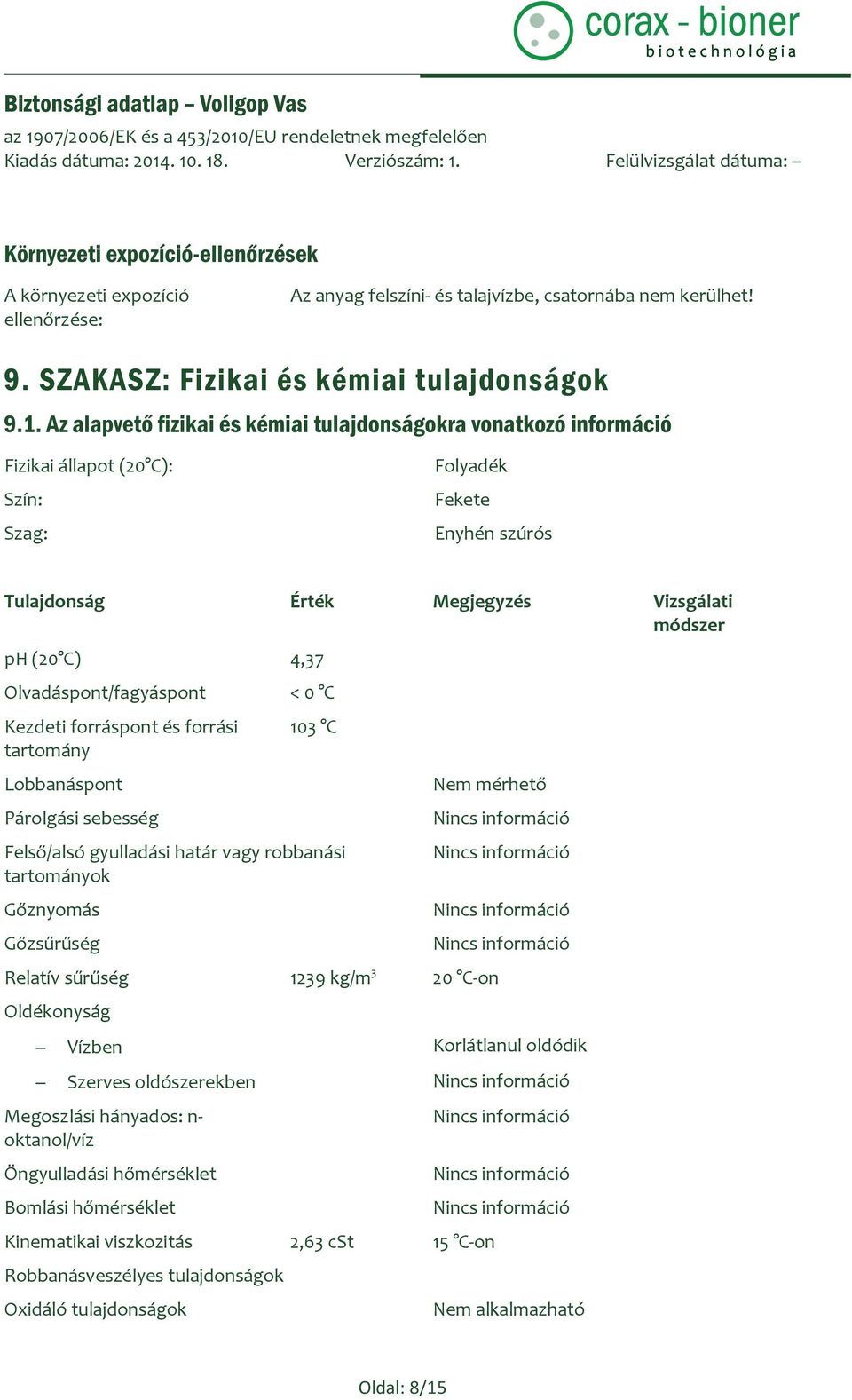 Olvadáspont/fagyáspont < 0 C Kezdeti forráspont és forrási tartomány Lobbanáspont Párolgási sebesség 103 C Felső/alsó gyulladási határ vagy robbanási tartományok Gőznyomás Gőzsűrűség Nem mérhető