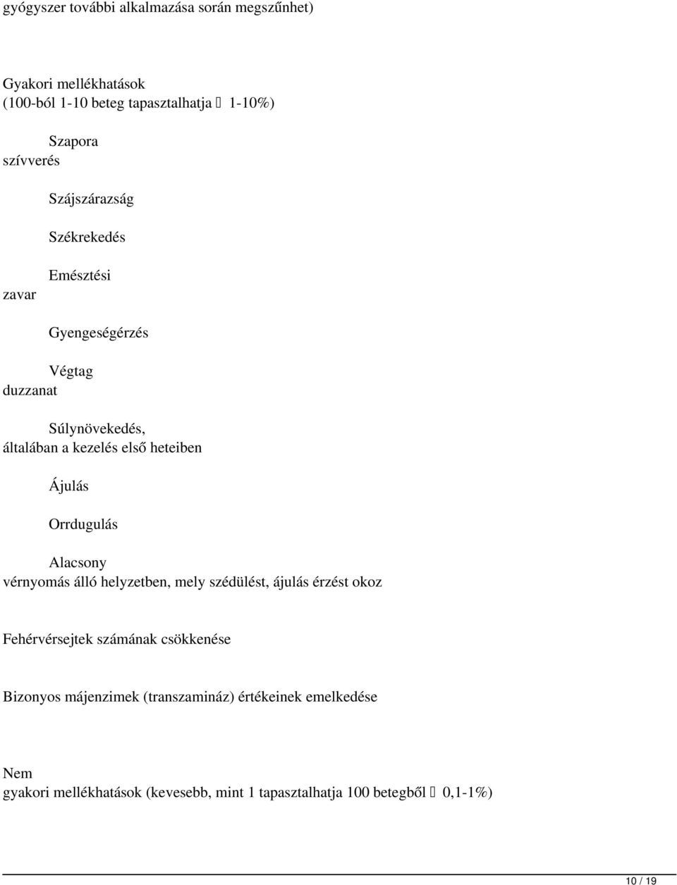 Orrdugulás lacsony vérnyomás álló helyzetben, mely szédülést, ájulás érzést okoz Fehérvérsejtek számának csökkenése Bizonyos