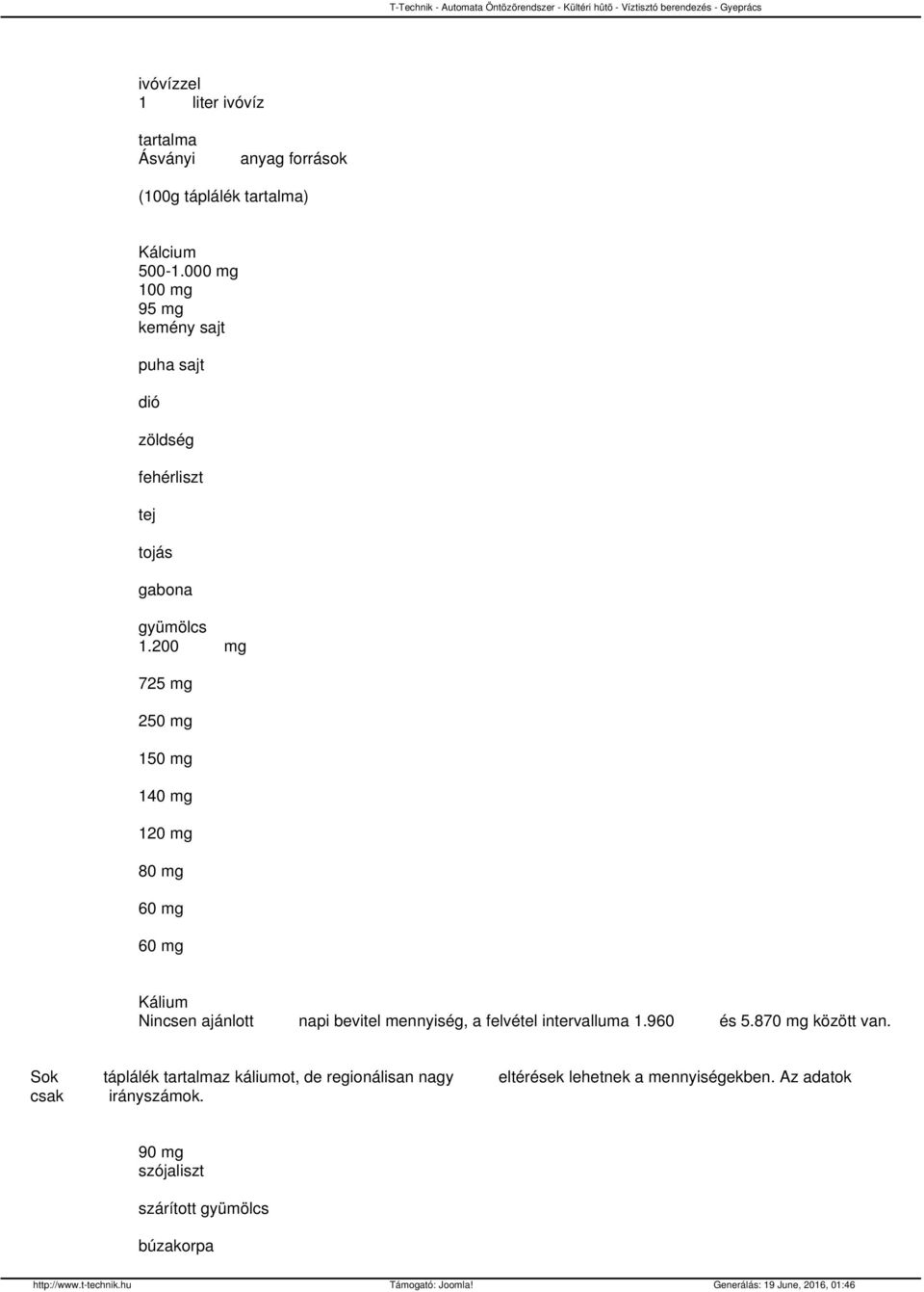 200 mg 725 mg 250 mg 150 mg 140 mg 120 mg 80 mg 60 mg 60 mg Kálium Nincsen ajánlott napi bevitel mennyiség, a felvétel