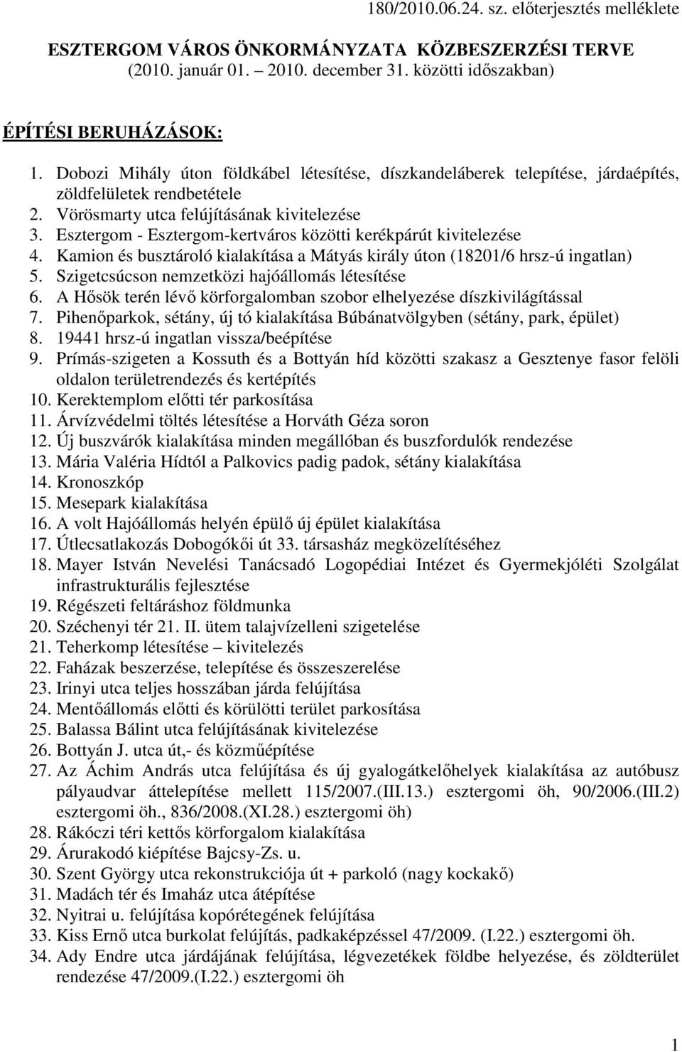 Esztergom - Esztergom-kertváros közötti kerékpárút kivitelezése 4. Kamion és busztároló kialakítása a Mátyás király úton (18201/6 hrsz-ú ingatlan) 5. Szigetcsúcson nemzetközi hajóállomás létesítése 6.