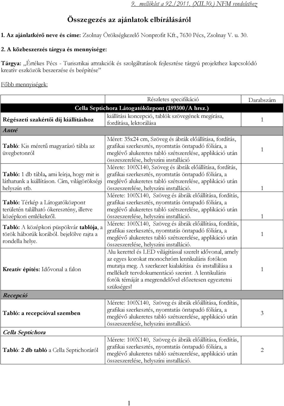 mennyiségek: Részletes specifikáció Cella Septichora Látogatóközpont (89300/A hrsz.