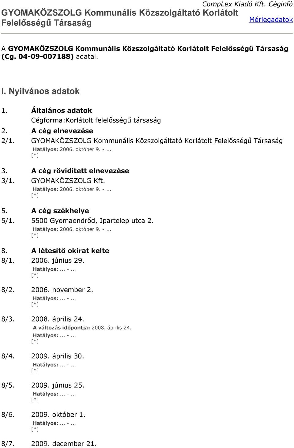 Általános adatok Cégforma:Korlátolt felelősségű társaság 2. A cég elnevezése 2/1. GYOMAKÖZSZOLG Kommunális Közszolgáltató Korlátolt Felelősségű Társaság 3.