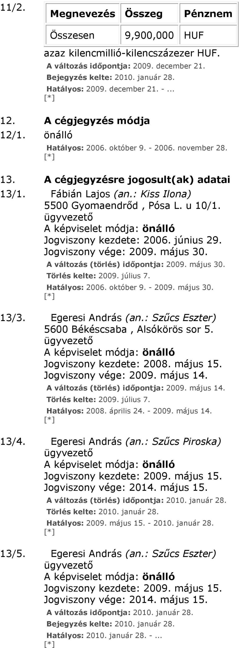 ügyvezető A képviselet módja: önálló Jogviszony kezdete: 2006. június 29. Jogviszony vége: 2009. május 30. A változás (törlés) időpontja: 2009. május 30. Törlés kelte: 2009. július 7. Hatályos: 2006.