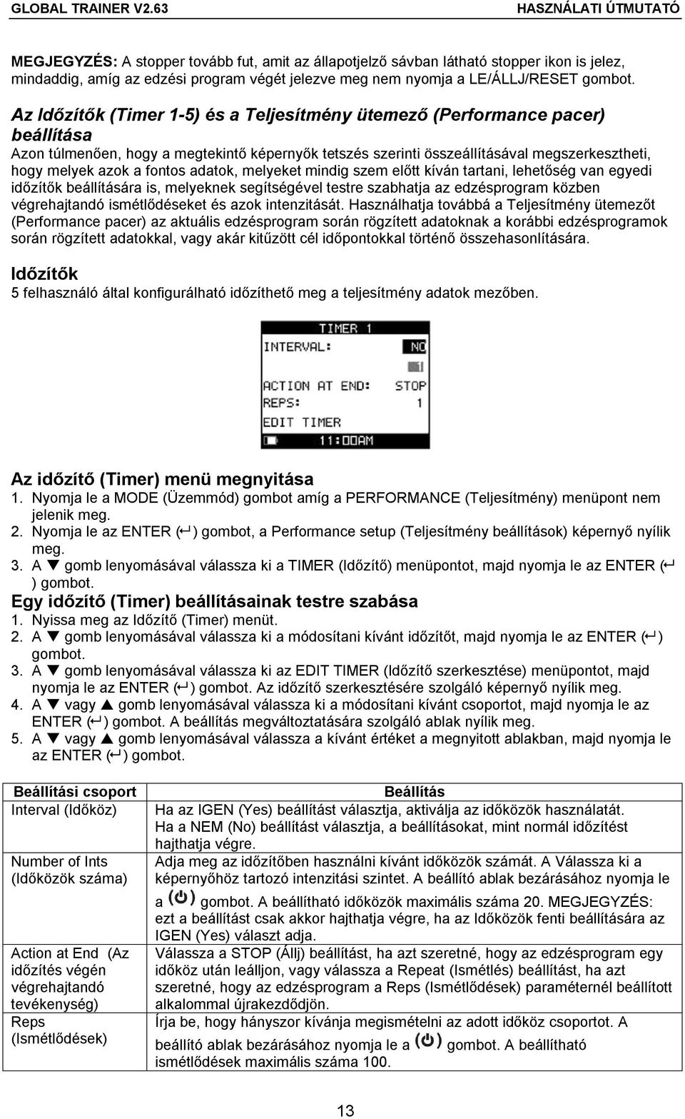 fontos adatok, melyeket mindig szem előtt kíván tartani, lehetőség van egyedi időzítők beállítására is, melyeknek segítségével testre szabhatja az edzésprogram közben végrehajtandó ismétlődéseket és