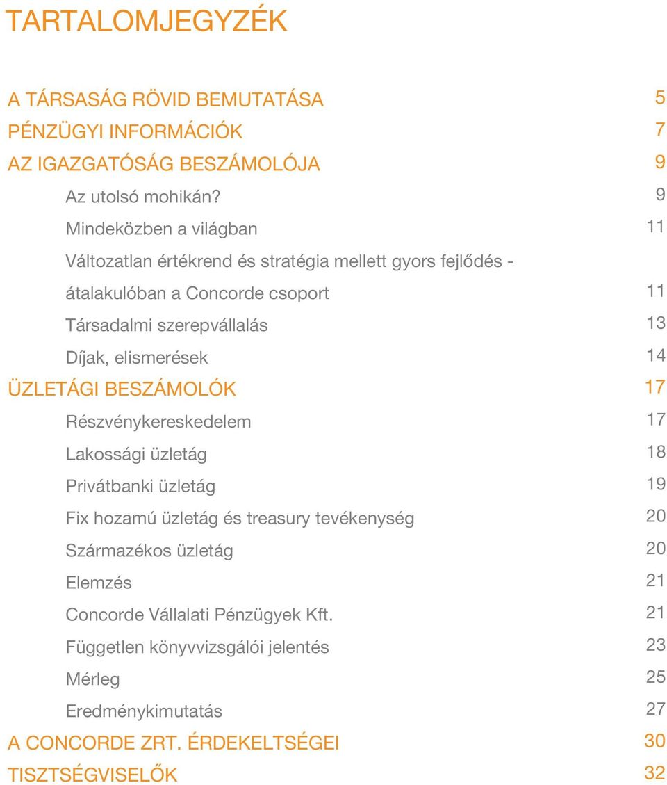 elismerések Üzletági beszámolók Részvénykereskedelem Lakossági üzletág Privátbanki üzletág Fix hozamú üzletág és treasury tevékenység Származékos üzletág