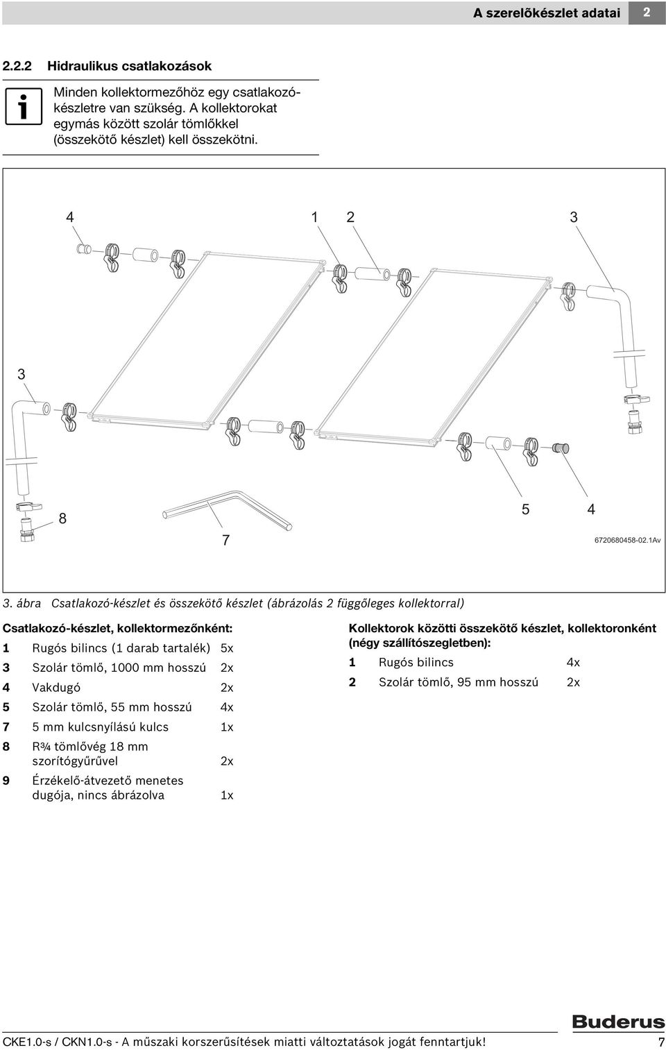 ábra Csatlakozó-készlet és összekötő készlet (ábrázolás függőleges kollektorral) Csatlakozó-készlet, kollektormezőnként: Rugós bilincs ( darab tartalék) 5x Szolár tömlő, 000 mm hosszú x Vakdugó