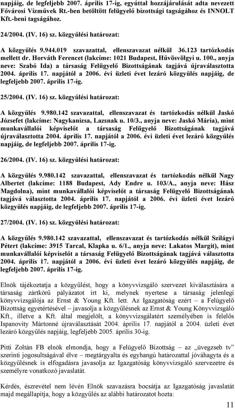 április 17. napjától a 2006. évi üzleti évet lezáró közgyűlés napjáig, de legfeljebb 2007. április 17-ig. 25/2004. (IV. 16) sz. közgyűlési határozat: A közgyűlés 9.980.