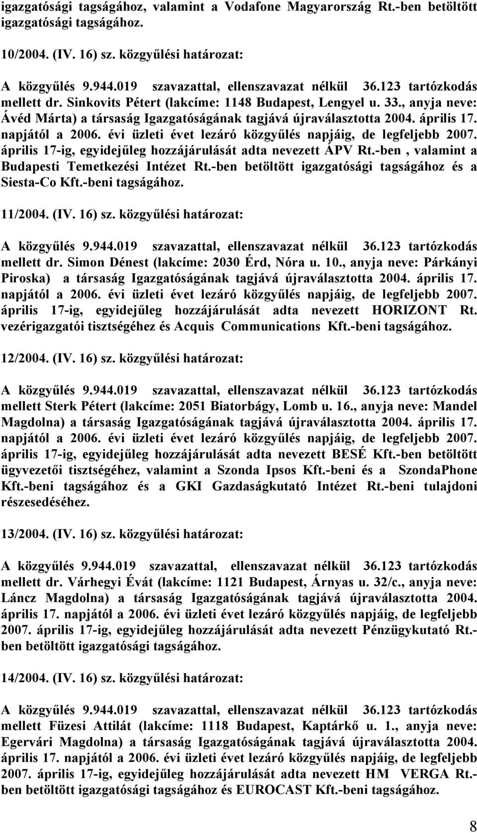 évi üzleti évet lezáró közgyűlés napjáig, de legfeljebb 2007. április 17-ig, egyidejűleg hozzájárulását adta nevezett ÁPV Rt.-ben, valamint a Budapesti Temetkezési Intézet Rt.