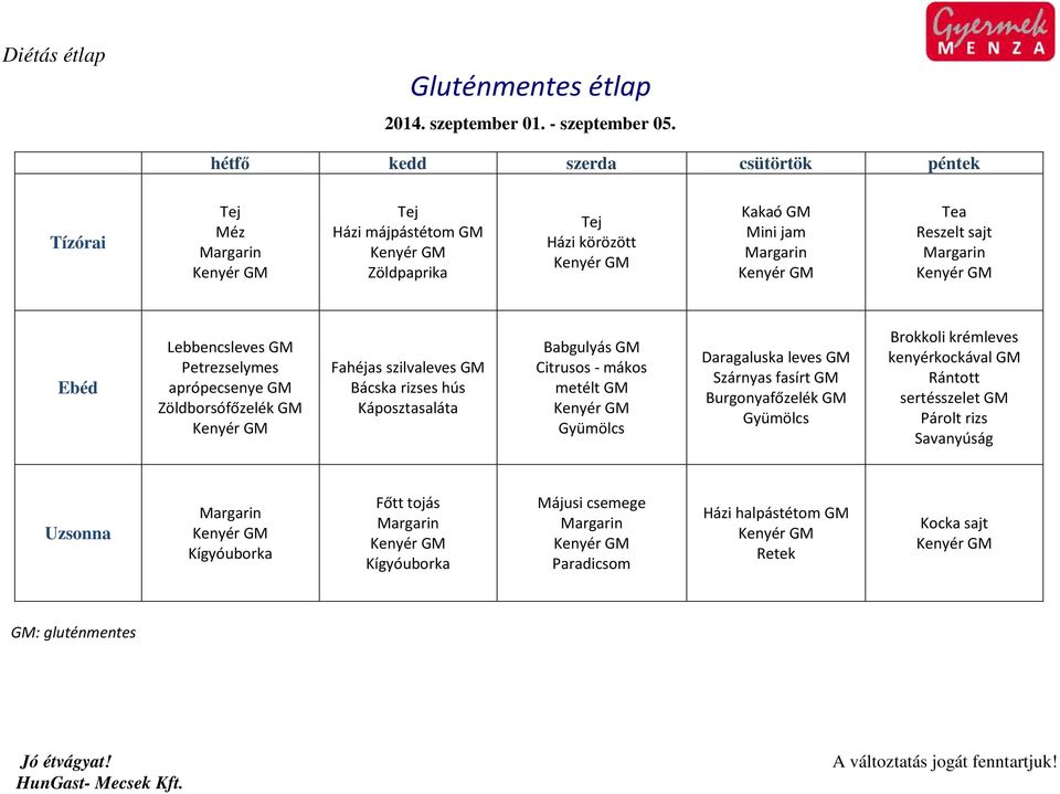 Fahéjas szilvaleves GM Bácska rizses hús Káposztasaláta Babgulyás GM Citrusos - mákos metélt GM Daragaluska